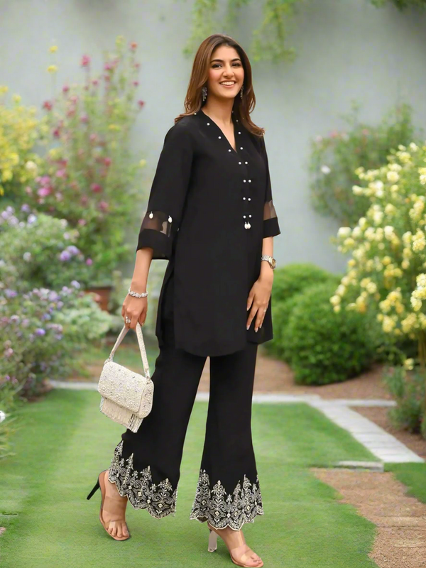 Black Embroidered Rayon Co-Ord Set