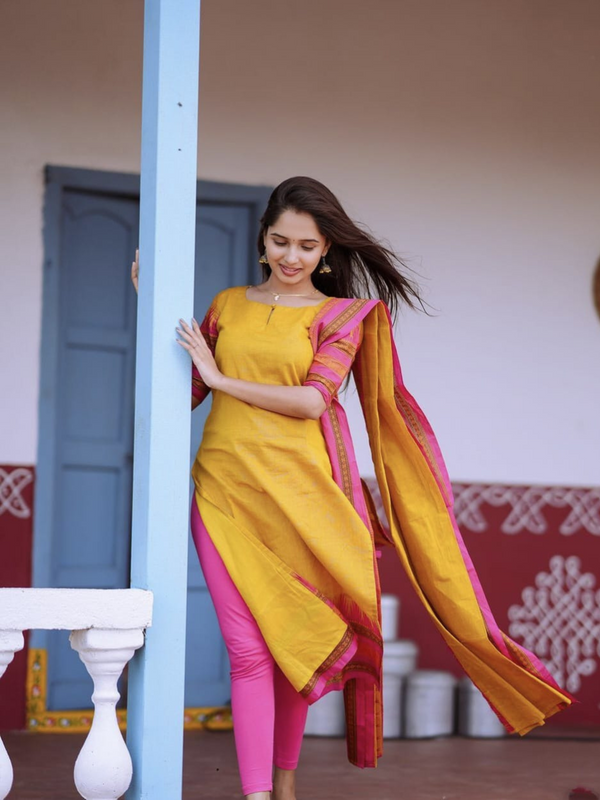 Utsaahit Kanchi Cotton Yellow Vatika Suit Set