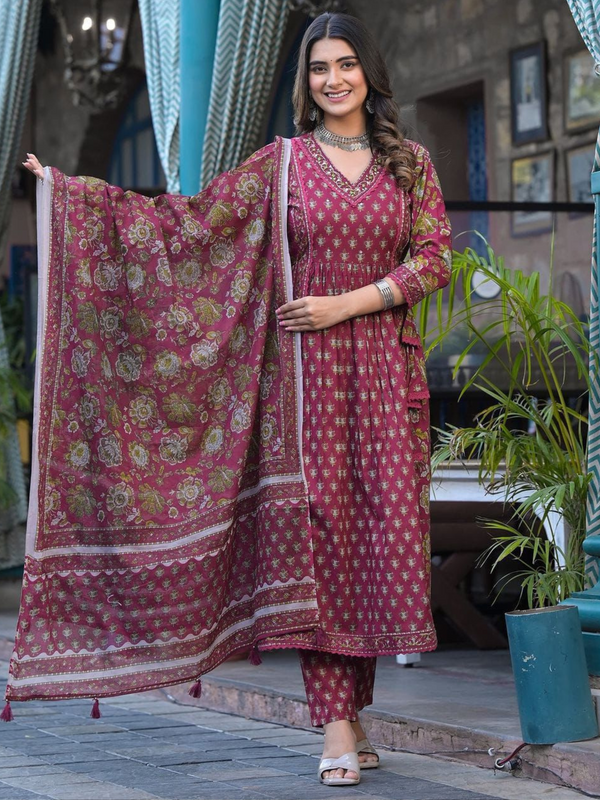 Utsaahit Festive Gathering Cotton Floral Printed Kurta Pant Dupatta Set