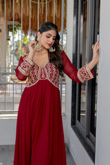 Utsaahit Fancy Stylish Zari Work V Neck Red Gown Dress