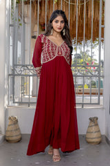 Utsaahit Fancy Stylish Zari Work V Neck Red Gown Dress