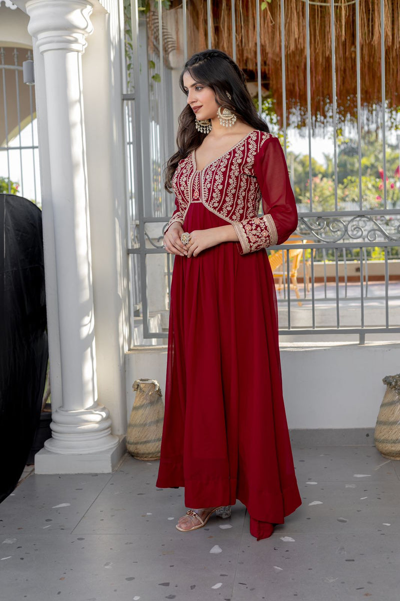Utsaahit Fancy Stylish Zari Work V Neck Red Gown Dress