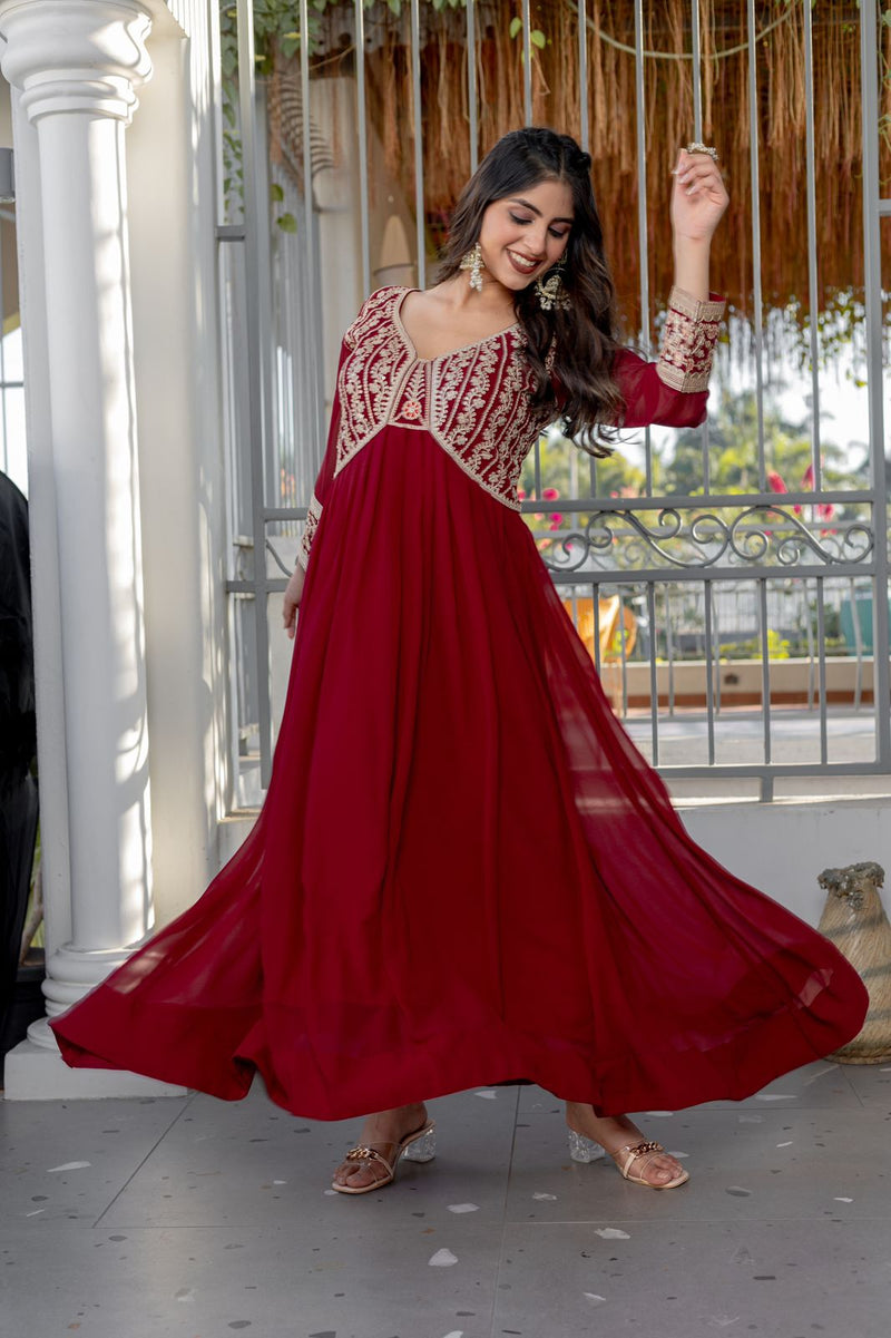 Utsaahit Fancy Stylish Zari Work V Neck Red Gown Dress