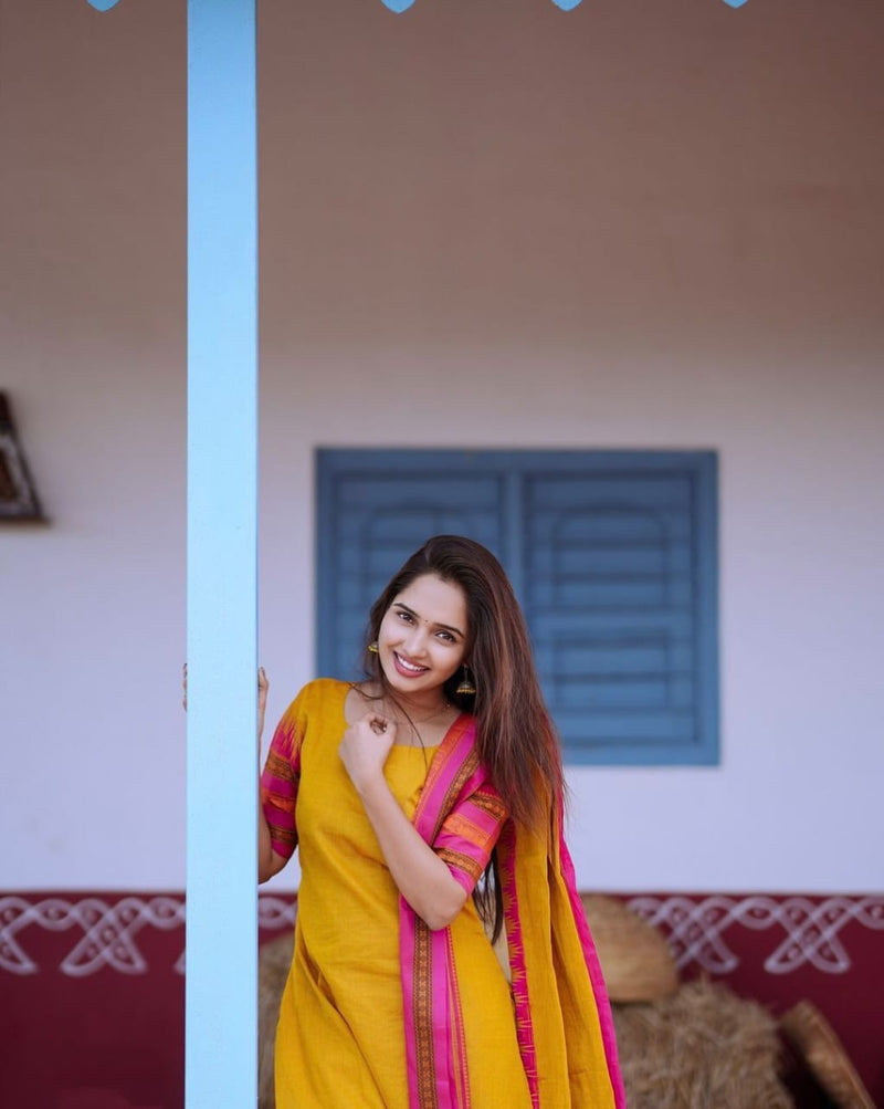 Utsaahit Kanchi Cotton Yellow Vatika Suit Set