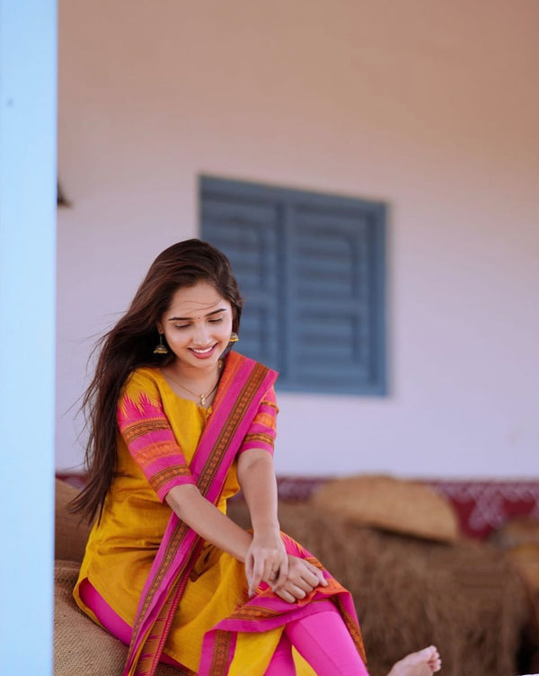 Utsaahit Kanchi Cotton Yellow Vatika Suit Set
