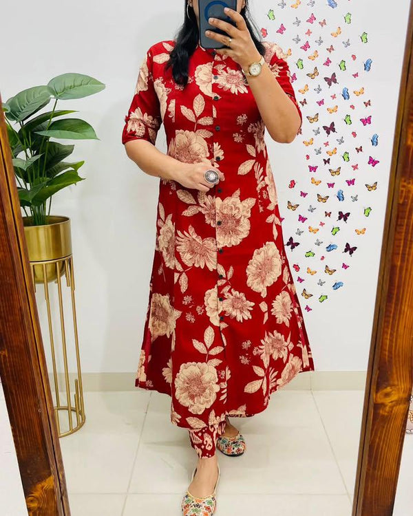 Red Printed Premium Cotton Cord Set - Utsaahit