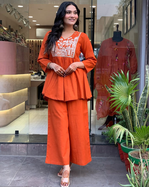 Elegant Rust Orange Embroidered Co-ord Set