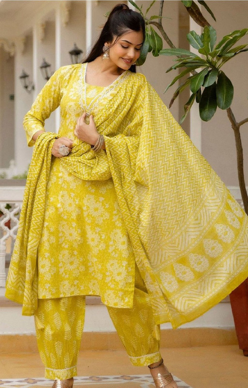Bright Yellow Floral Printed Suit with Dupatta