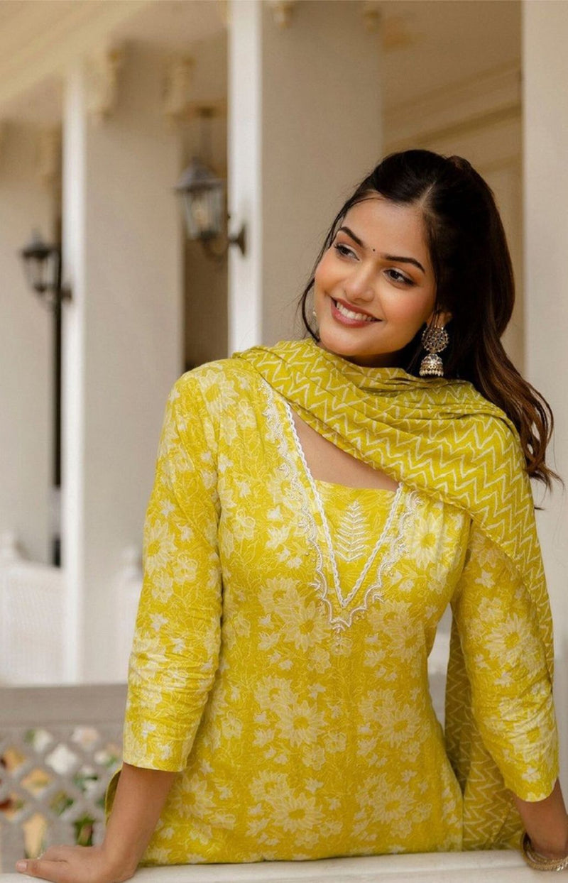 Bright Yellow Floral Printed Suit with Dupatta