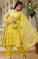 Bright Yellow Floral Printed Suit with Dupatta