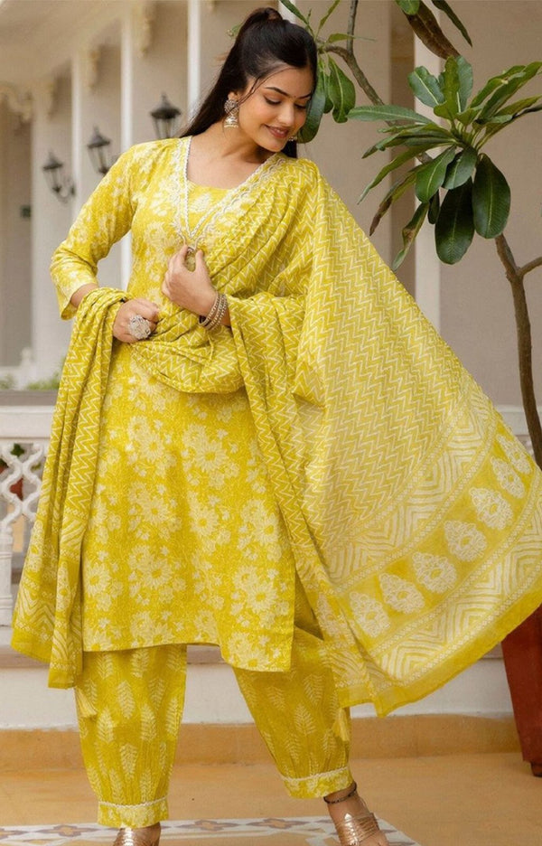 Bright Yellow Floral Printed Suit with Dupatta