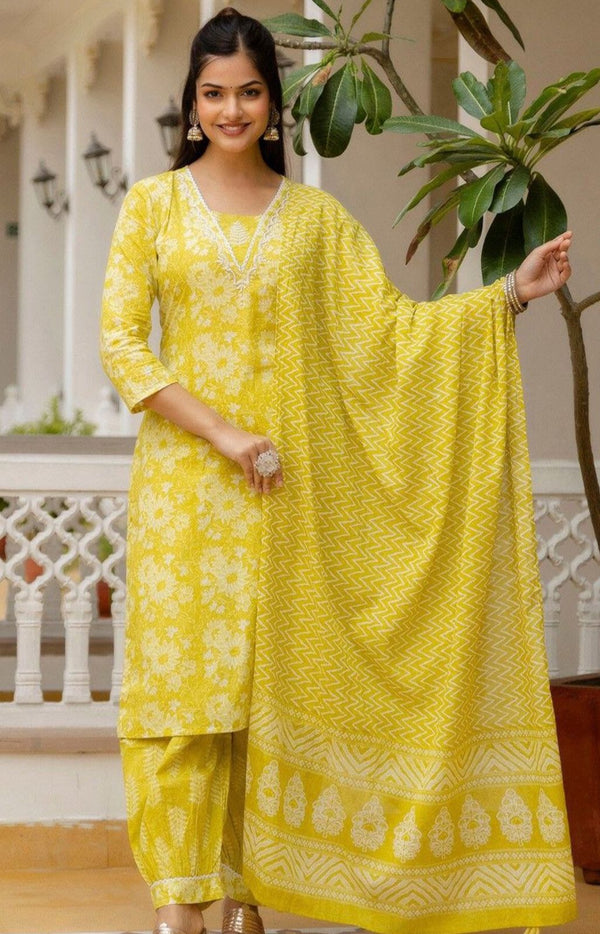 Bright Yellow Floral Printed Suit with Dupatta