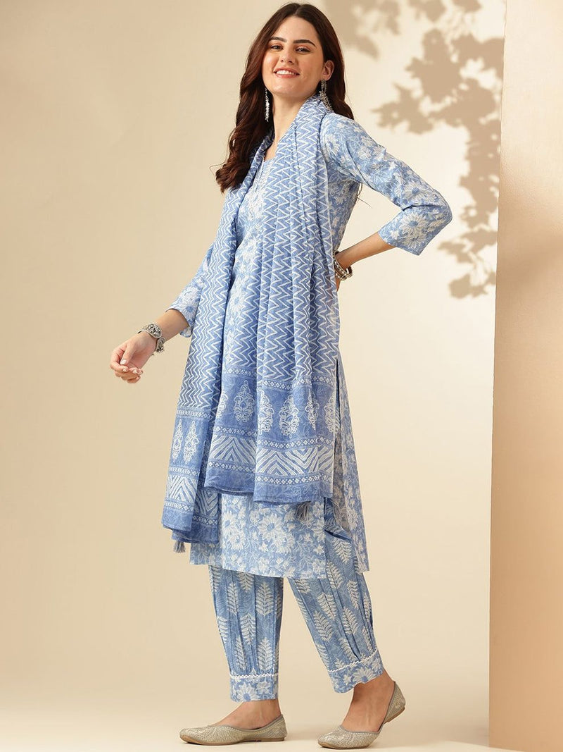 Elegant Sky Blue Floral Suit with Dupatta