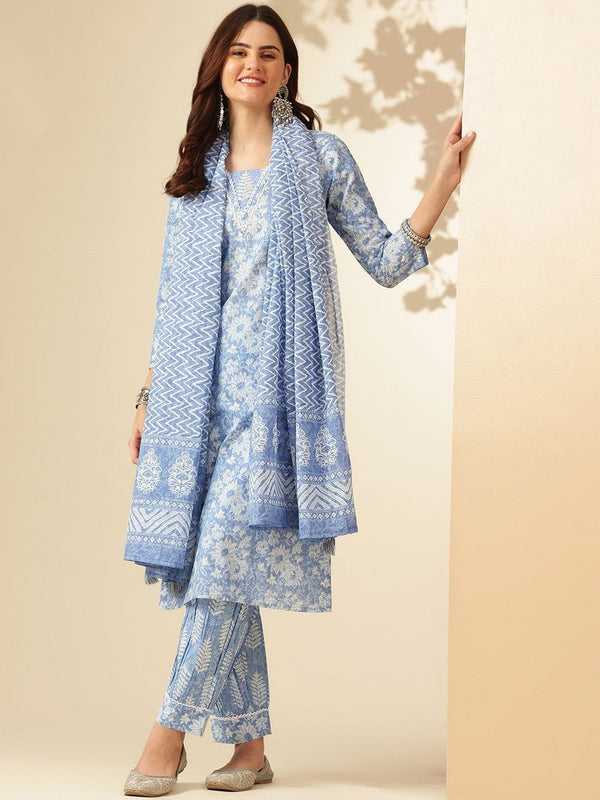 Elegant Sky Blue Floral Suit with Dupatta