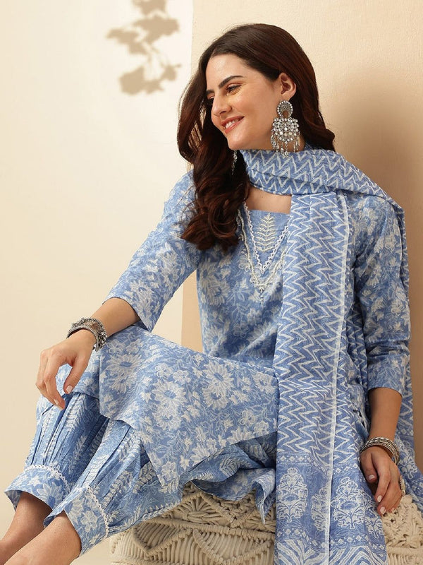 Elegant Sky Blue Floral Suit with Dupatta