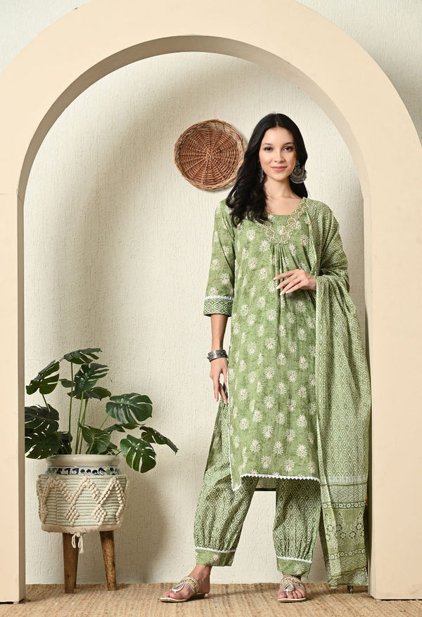 Elegant Green Floral Printed Suit with Dupatta