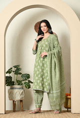 Elegant Green Floral Printed Suit with Dupatta