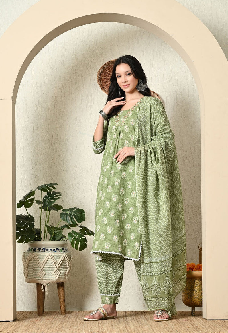 Elegant Green Floral Printed Suit with Dupatta