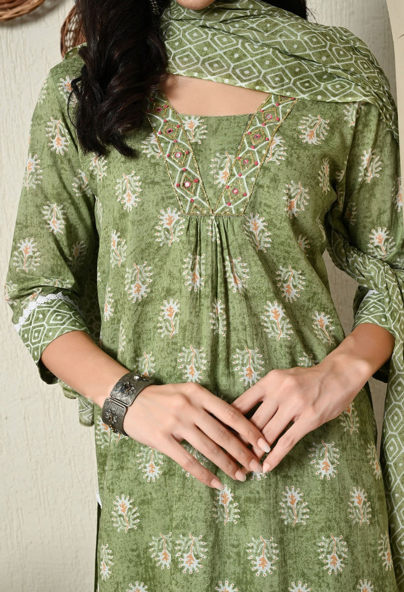 Elegant Green Floral Printed Suit with Dupatta
