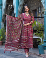 Utsaahit Festive Gathering Cotton Floral Printed Kurta Pant Dupatta Set