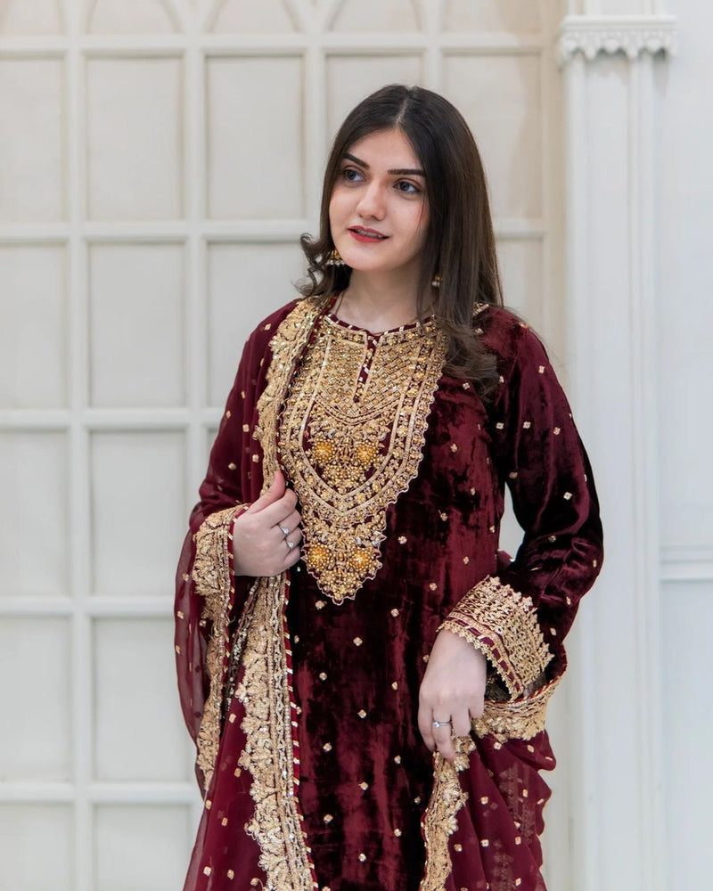 Stunning Party Wear Viscose Velvet Outfit with Designer Top, Dupatta & Embroidered Sequance Work