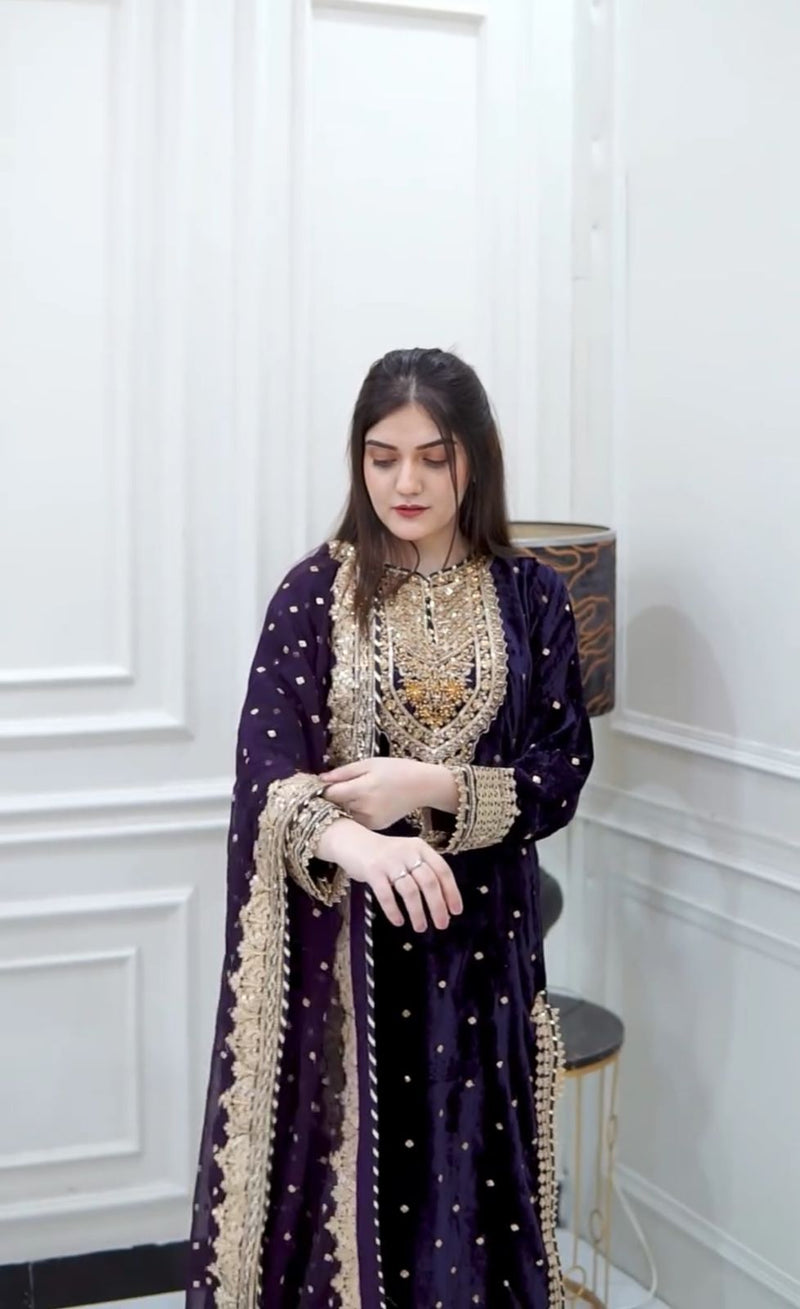 Stunning Party Wear Viscose Velvet Outfit with Designer Top, Dupatta & Embroidered Sequance Work
