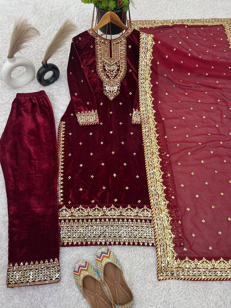 Stunning Party Wear Viscose Velvet Outfit with Designer Top, Dupatta & Embroidered Sequance Work