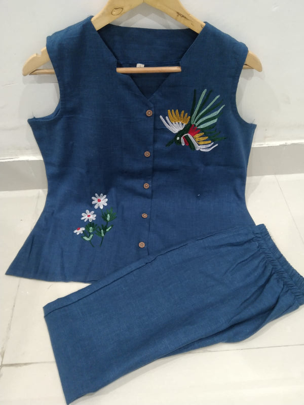 Utsaahit Trending Cotton Slub Blue Cord Set