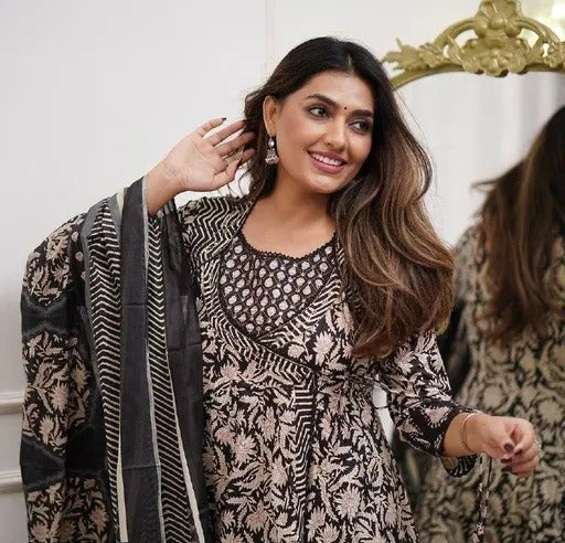 Utsaahit Trendy Cotton Flaired Black Printed Anarkali, Pant and Dupatta Kurta Set