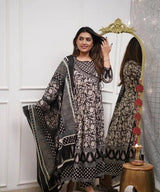 Utsaahit Trendy Cotton Flaired Black Printed Anarkali, Pant and Dupatta Kurta Set