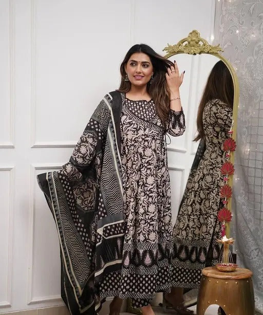 Utsaahit Trendy Cotton Flaired Black Printed Anarkali, Pant and Dupatta Kurta Set