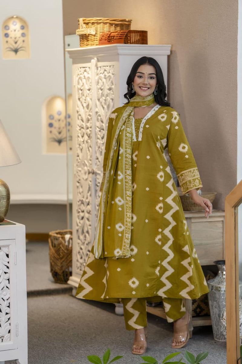 Elegant Mehndi Green V-Neck Cotton Kurta Pant Dupatta Set - Utsaahit